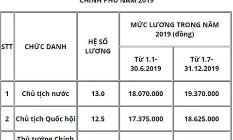 Mức lương Chủ tịch nước, Thủ tướng Chính phủ năm 2019 là bao nhiêu?